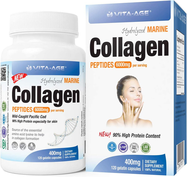 Vita-Age Premium Marine Wild Fish Collagen 4800mg 90% High Protein Content 120 Count, 100% Pure Hydrolyzed Collagen