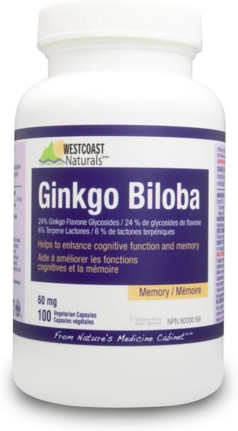 WESTCOAST NATURALS Ginkgo Biloba-Standardized 24% Capsules, 60mg, 100 Count, transparent WESTCOAST NATURALS Ginkgo Biloba-Standardized 24% Capsules, 60mg, 100 Count, transparent