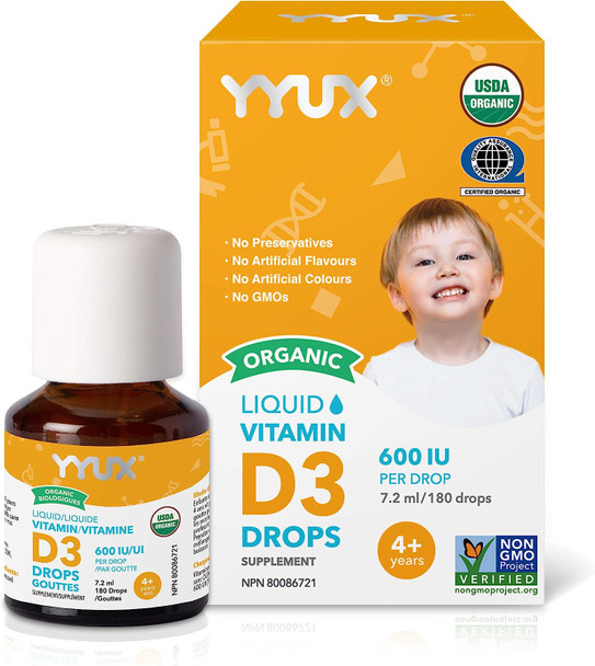 YYUX Certified Organic D3 Drops for Kids 4+, 600 IU - Non-GMO Project Verified - 180 Drops, 6 Month Supply