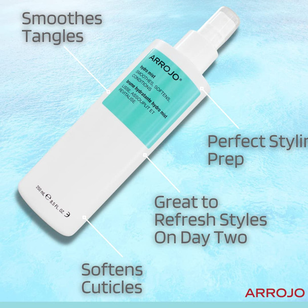 ARROJO Hydro Mist Hair Lotion  Hydrating Hair Spray to Soften & Condition  Detangler Spray to Smooth Knots & Tangles  Hair Styling Products for Style Prep or to Refreshment Any Look (8.5 oz)