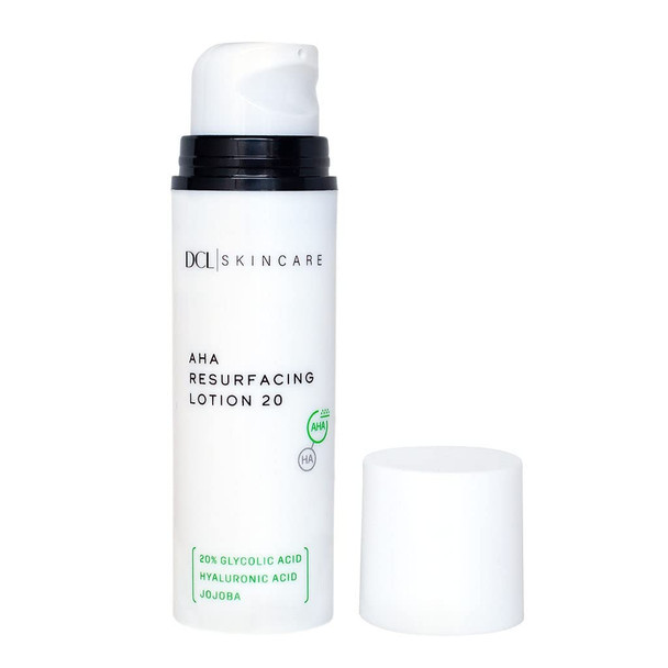 DCL Skincare AHA Resurfacing Lotion 20, 20% Glycolic Acid exfoliates while hydrating, reducing fine lines with Hyaluronic Acid, Vitamin E, Shea Butter, Jojoba, Green Tea 1.7 Fl oz
