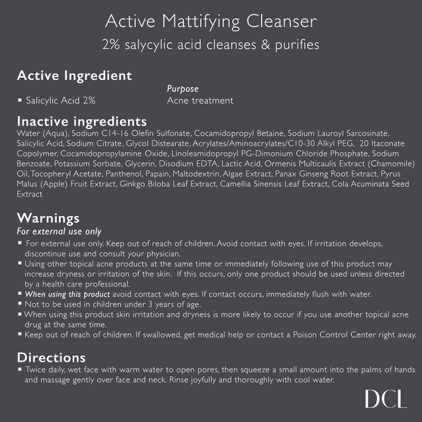 DCL Skincare Active Mattifying Cleanser, 2% Salicylic Acid, Lactic Acid Cleansing Gel gently exfoliates to unclog pores, for acne, redness and blackheads 4.2 Fl oz