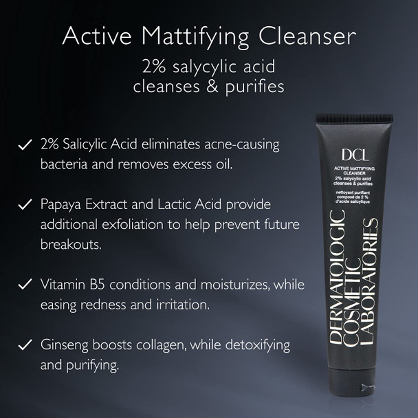 DCL Skincare Active Mattifying Cleanser, 2% Salicylic Acid, Lactic Acid Cleansing Gel gently exfoliates to unclog pores, for acne, redness and blackheads 4.2 Fl oz