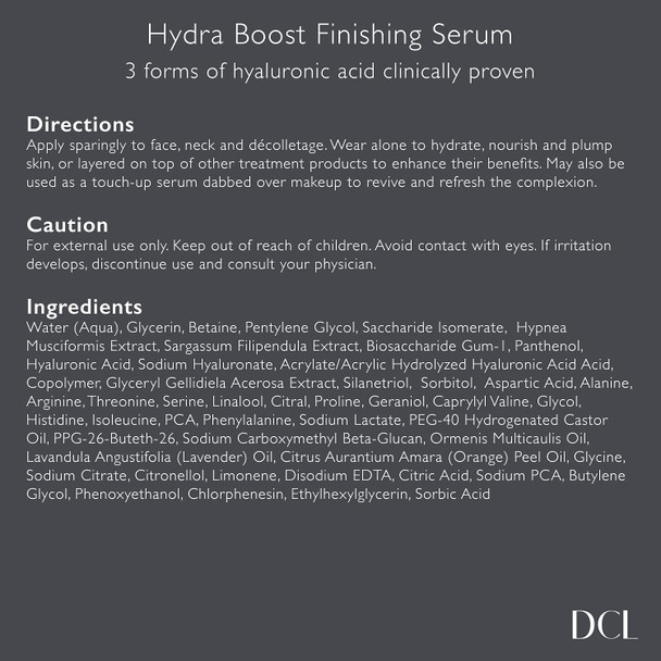 DCL Skincare Hydra Boost Finishing Serum, all 3 forms of Hyaluronic Acid Intense Hydration, Firming, Plumping, Glycerin, Vitamin B5 for dry and sensitive skin, 30ml