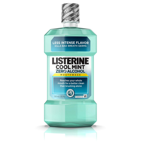 Listerine Zero Alcohol Mouthwash, Less Intense Alcohol-Free Oral Care Formula for Bad Breath, Cool Mint Flavor, 500 ml (Pack of 6)