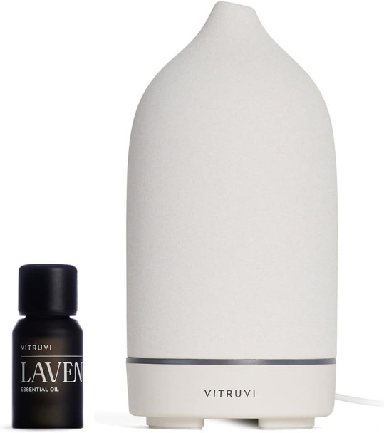 Vitruvi Stone Diffuser White and Vitruvi Organic Lavender, 100% Pure Premium Essential Oil (0.3 fl.oz)