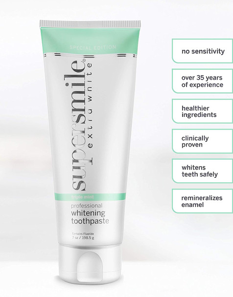 Supersmile Extra White Professional Teeth Whitening Toothpaste - Clinically Proven to Remove Stains & Whiten Teeth Up to 9 Shades - No Sensitivity (Triple Mint, 7 Oz), 7 oz.