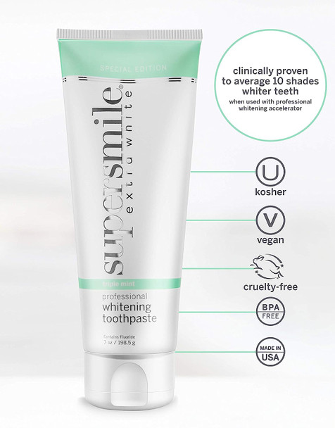 Supersmile Extra White Professional Teeth Whitening Toothpaste - Clinically Proven to Remove Stains & Whiten Teeth Up to 9 Shades - No Sensitivity (Triple Mint, 7 Oz), 7 oz.