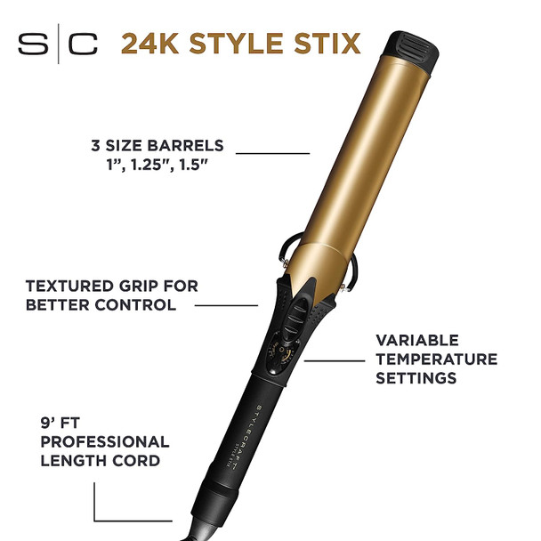 StyleCraft Style Stix 24K Gold Professional Barrel Long Spring Hair Curling Iron