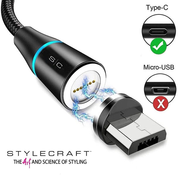 StyleCraft USB Type-C Magnetic Charging Cord System with LED Light, 6' Foot Cable, Black