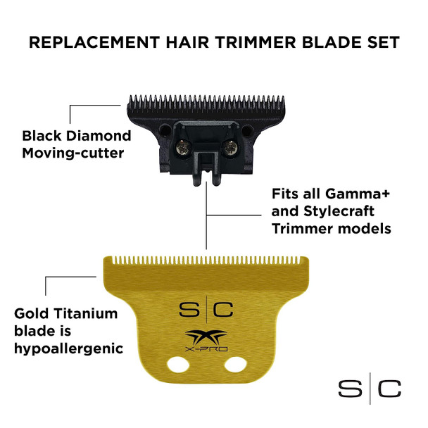 StyleCraft Replacement Fixed Gold Titanium X-Pro Hair Trimmer Blade with Black Diamond Carbon DLC Deep Tooth Cutter Set