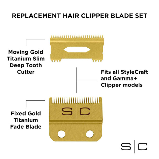 StyleCraft Replacement Fixed Gold Titanium Fade Hair Clipper Blade with Moving Gold Titanium Slim Deep Tooth Cutter Set