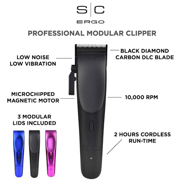 Stylecraft Ergo Professional Microchipped Magnetic Clipper with 5 Guards, Charging Stand, and 3 Customizable Colored Lids (Black, Pink, Blue)