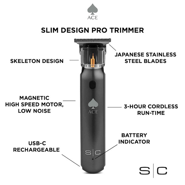 Stylecraft Ace Cordless Precision Hair Trimmer, Rechargeable USB Type-C Connection, Stainless Steel Blade, 3 Guards