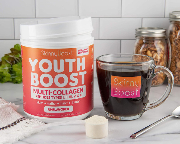 Skinny Boost - Youth Boost Advanced Multi-Collagen Powder - 5 Types of Hydrolyzed Collagen Peptides for Hair, Skin, Nails & Joints. Fast Dissolving, Grass Fed, Keto Friendly - Unflavored(58 Servings)