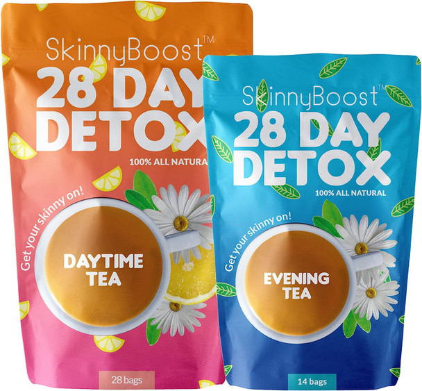 SkinnyBoost 28 Day Detox Tea Kit-1 Daytime Tea (28 Bags) 1 Evening Detox Tea (14 Bags) Non GMO, Vegan, Reduce Bloating, All Natural Detox and Cleanse