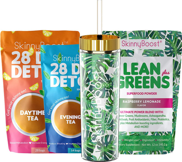 Skinny Boost Tea Kit-1 Daytime Tea (28 Bags) 1 Evening Detox Tea (14 Bags), Lean Greens Plus Superfood Powder, Palm Tumbler, Non GMO, Vegan, All Natural Detox and Cleanse