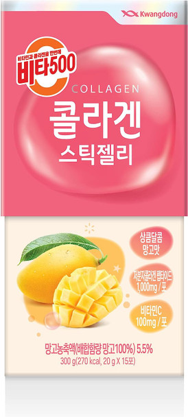 KWANGDONG Vita500 Mango Collagen Peptides Stick Jelly, with Vitamin C, to Support Skin, Hair, Nails and Joints, Marine Collagen, Convenient Daily Sticks