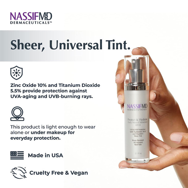 NassifMD Protect & Hydrate Mineral Sunscreen SPF44, Tinted SunScreen for Face, Titanium Oxide and Zinc Oxide Sunscreen, Sun Block UVA/UVB Protection, Face Sunscreen Moisturize with Hyaluronic Acid 2.1oz