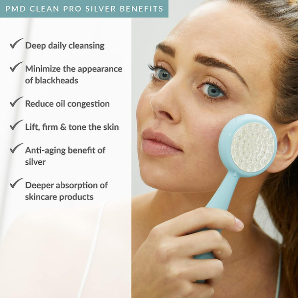 PMD Clean Pro Silver - Smart Facial Cleansing Device with Silicone Brush & Pure Silver ActiveWarmth Anti-Aging Massager - Waterproof - SonicGlow Vibration - Clear Pores & Blackheads