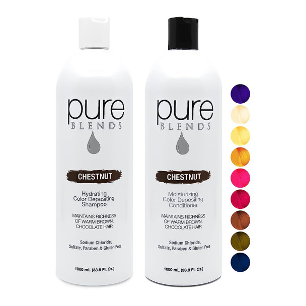 Pure Blends Chestnut Hydrating Color Depositing Shampoo and Conditioner 33.8oz - Infused with Keratin & Collagen to Repair Dry & Damaged Hair - Eliminate Color Fade - Sulfate, Sodium Chloride, Paraben