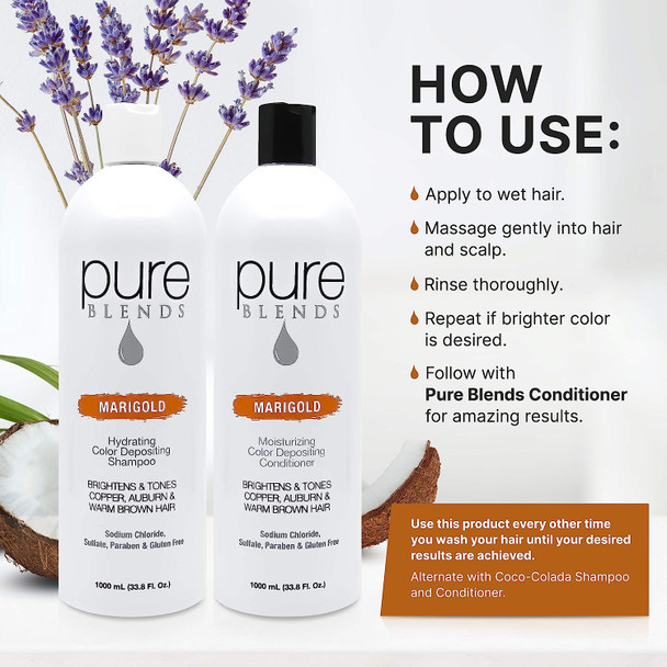 Pure Blends Marigold Hydrating Color Depositing Shampoo and Conditioner, 33.8Oz - Infused with Keratin & Collagen to Repair Dry & Damaged Hair - Eliminate Color Fade - Sulfate, Sodium Chloride, Parabe