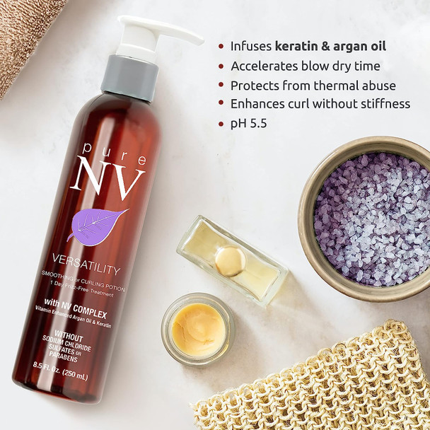 Pure NV Versatility Smoothing and Curling Potion 1-Day Frizz Free Treatment - Contains NV Complex with Keratin and Argan Oil to Protect, Add Shine, and Control Texture (8.5 Oz Bottle)