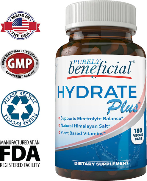 Hydrate Plus - All Natural Electrolyte Capsules w/Himalayan Salt for Ketogenic-Low Carb Diet- Energy, ReHydrate & Recover; Vegan - 180 Capsules