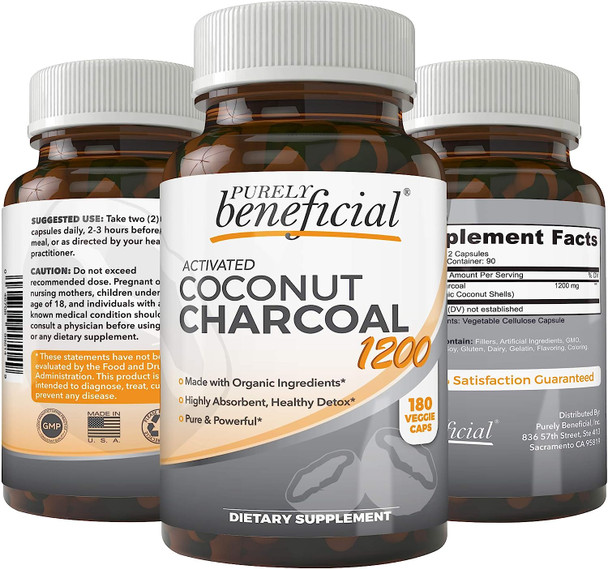 Activated Coconut Charcoal 1200mg, 180 Capsules - Pills for Digestive System, Bloating, Detoxification, Teeth Whitening, Vegan (1bottle)