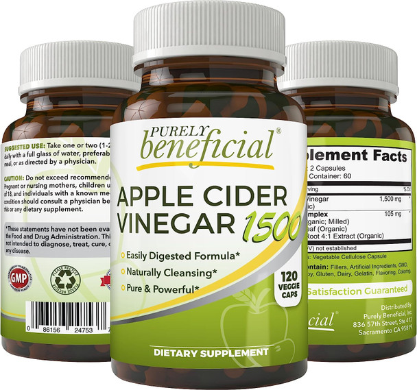 Apple Cider Vinegar 1500mg - Raw, Non-GMO, Extra Strength, 120 or 180 Capsules, Vegetarian (120 Capsules)