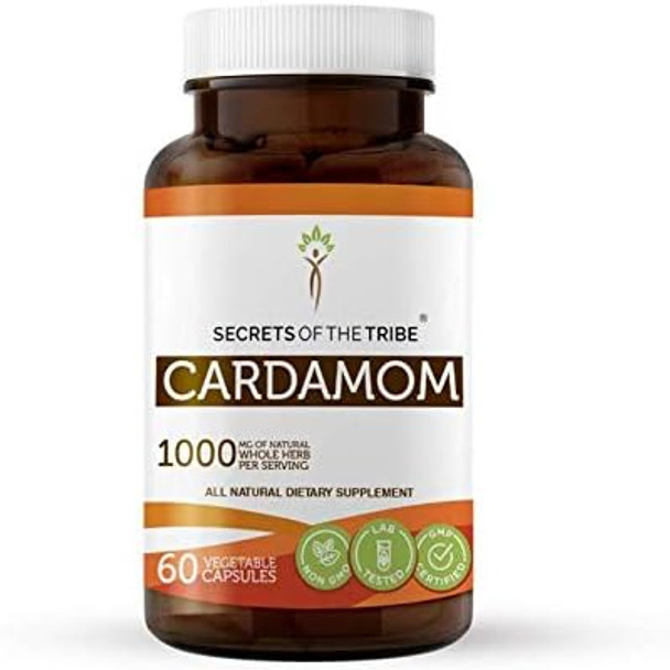 Secrets of the Tribe Cardamom 60 Capsules, 1000 mg, Cardamom (Elettaria cardamomum) Dried Pod (60 Capsules)