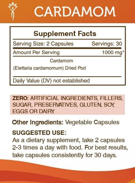 Secrets of the Tribe Cardamom 60 Capsules, 1000 mg, Cardamom (Elettaria cardamomum) Dried Pod (60 Capsules)