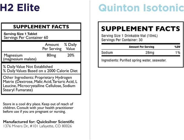 Quicksilver Scientific Hydration Set - H2 Elite Molecular Hydrogen Tablets (60 Count) + 30 Vials Quinton Isotonic Seawater Electrolytes - Supports Energy, Detox + Mineral Replenishment