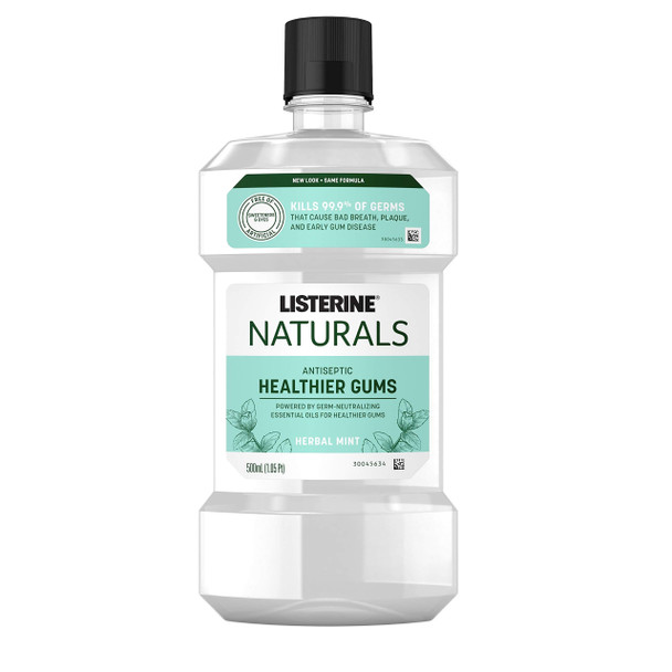 Listerine Naturals Antiseptic Mouthwash, Fluoride-Free Oral Care To Prevent Bad Breath, Plaque Build-Up and Gingivitis Gum Disease, Herbal Mint, 500 mL