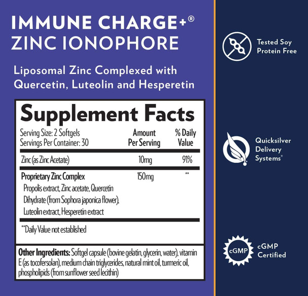 Quicksilver Scientific Immune Charge+ Zinc Ionophore - Zinc Supplement Complexed with Quercetin, Luteolin, Hesperetin Immune + GI Support (60 Softgels)