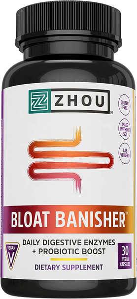 Zhou Nutrition Bloat Banisher Digestive Enzymes with Probiotics, Bloating Relief for Women and Men, Reduce Water Retention and Improve Digestive Health, Vegan, Non-GMO, Gluten Free, 30 Servings