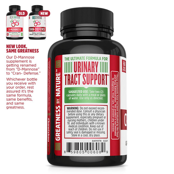 Zhou Nutrition Cran Defense, Cranberry Concentrate Urinary Tract Formula, Flush Out Impurities and Healthy Bladder Support, 3 in 1 Formula - Cranberry Extract, D-mannose, Vitamin C, Multi - 60 Count