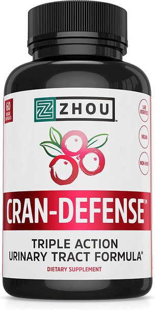 Zhou Nutrition Cran Defense, Cranberry Concentrate Urinary Tract Formula, Flush Out Impurities and Healthy Bladder Support, 3 in 1 Formula - Cranberry Extract, D-mannose, Vitamin C, Multi - 60 Count