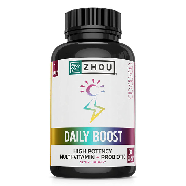 Zhou Nutrition Daily Boost Multivitamin with Probiotic, Zinc, Vitamin C, D3, B Complex for Immune Support, Energy and Digestive Health | Vegan, Gluten Free, Soy Free | 30 Servings Zhou Nutrition Daily Boost Multivitamin with Probiotic, Zinc, Vitamin C, D3, B Complex for Immune Support, Energy and Digestive Health | Vegan, Gluten Free, Soy Free | 30 Servings