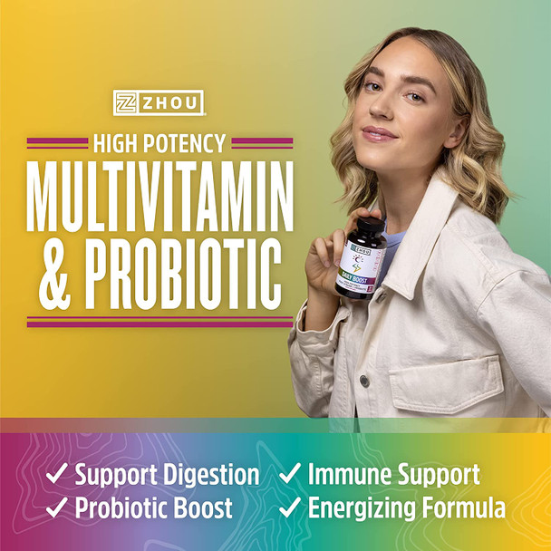 Zhou Nutrition Daily Boost Multivitamin with Probiotic, Zinc, Vitamin C, D3, B Complex for Immune Support, Energy and Digestive Health | Vegan, Gluten Free, Soy Free | 30 Servings Zhou Nutrition Daily Boost Multivitamin with Probiotic, Zinc, Vitamin C, D3, B Complex for Immune Support, Energy and Digestive Health | Vegan, Gluten Free, Soy Free | 30 Servings
