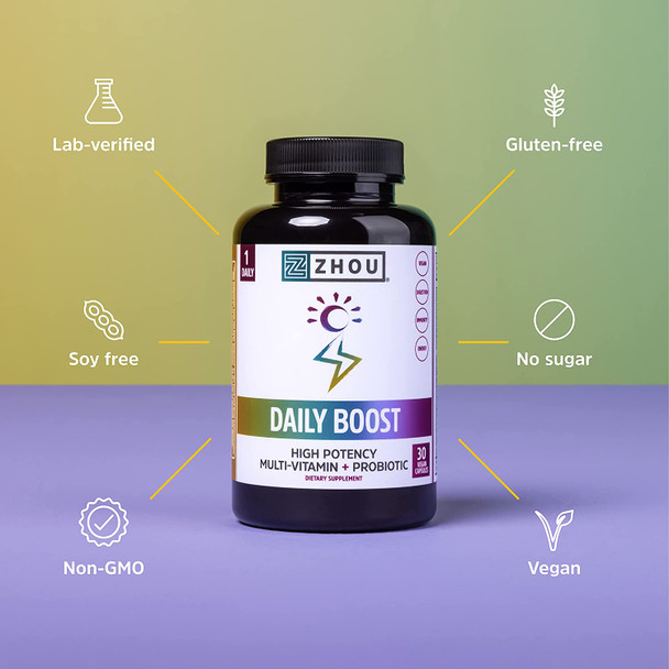 Zhou Nutrition Daily Boost Multivitamin with Probiotic, Zinc, Vitamin C, D3, B Complex for Immune Support, Energy and Digestive Health | Vegan, Gluten Free, Soy Free | 30 Servings Zhou Nutrition Daily Boost Multivitamin with Probiotic, Zinc, Vitamin C, D3, B Complex for Immune Support, Energy and Digestive Health | Vegan, Gluten Free, Soy Free | 30 Servings