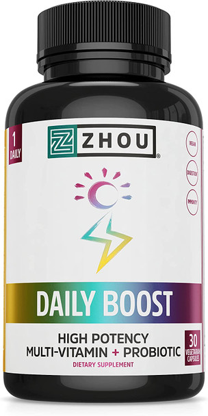 Zhou Nutrition Daily Boost Multivitamin with Probiotic, Zinc, Vitamin C, D3, B Complex for Immune Support, Energy and Digestive Health | Vegan, Gluten Free, Soy Free | 30 Servings