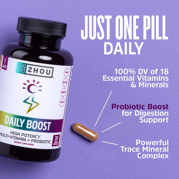 Zhou Nutrition Daily Boost Multivitamin with Probiotic, Zinc, Vitamin C, D3, B Complex for Immune Support, Energy and Digestive Health | Vegan, Gluten Free, Soy Free | 30 Servings Zhou Nutrition Daily Boost Multivitamin with Probiotic, Zinc, Vitamin C, D3, B Complex for Immune Support, Energy and Digestive Health | Vegan, Gluten Free, Soy Free | 30 Servings