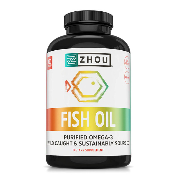 Zhou Nutrition Fish Oil, Max Strength Omega 3 Fatty Acids, 1250 mg with EPA and DHA, Purified, Sustainably Sourced Fish Oil, Heart, Joint and Brain Health Formula, Burpless Softgels, 120 Servings