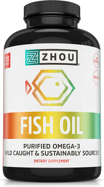 Zhou Nutrition Fish Oil, Max Strength Omega 3 Fatty Acids, 1250 mg with EPA and DHA, Purified, Sustainably Sourced Fish Oil, Heart, Joint and Brain Health Formula, Burpless Softgels, 120 Servings