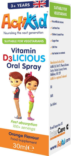 ActiKid Vitamin D3LICIOUS Oral Spray, Orange - 30 ml.