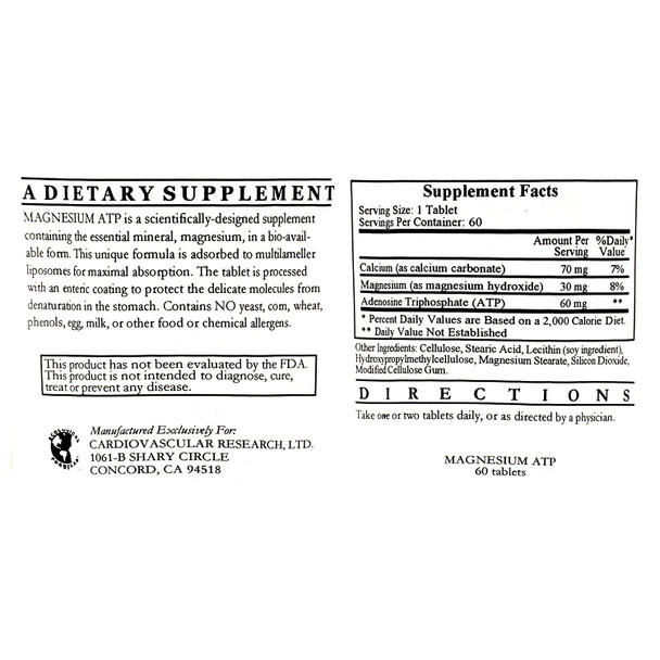 Liposomal Magnesium ATP (Mg30mg ATP60mg) 60 Tablets - 3 Pack - Ecological Formulas/Cardiovascular Research