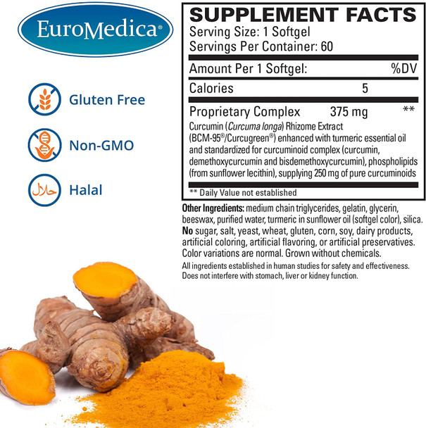 EuroMedica CuraPro - 375mg, 60 Softgels - High Potency Turmeric Curcumin Supplement - Clinically-Studied Liver, Brain, Heart & Immune Support - 60 Servings