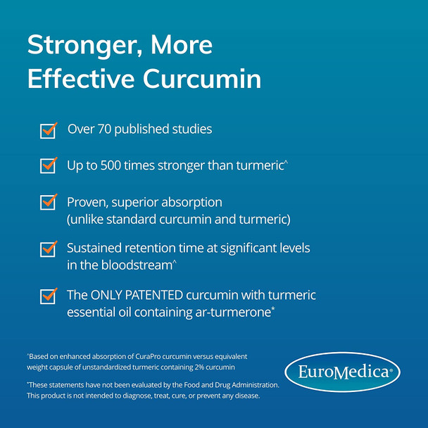 EuroMedica CuraPro - 375mg, 60 Softgels - High Potency Turmeric Curcumin Supplement - Clinically-Studied Liver, Brain, Heart & Immune Support - 60 Servings