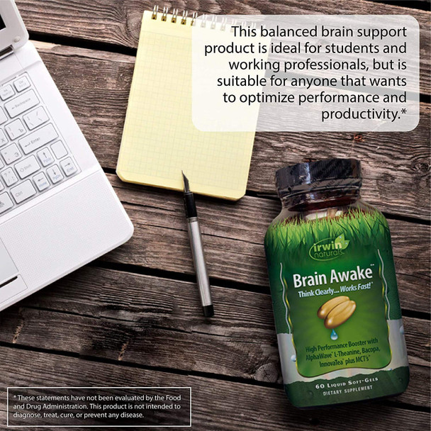 Brain Awake High Performance Booster by Irwin Naturals, B Vitamins and MCT, Think Clearer and Work Faster, 60 Liquid Soft-Gels